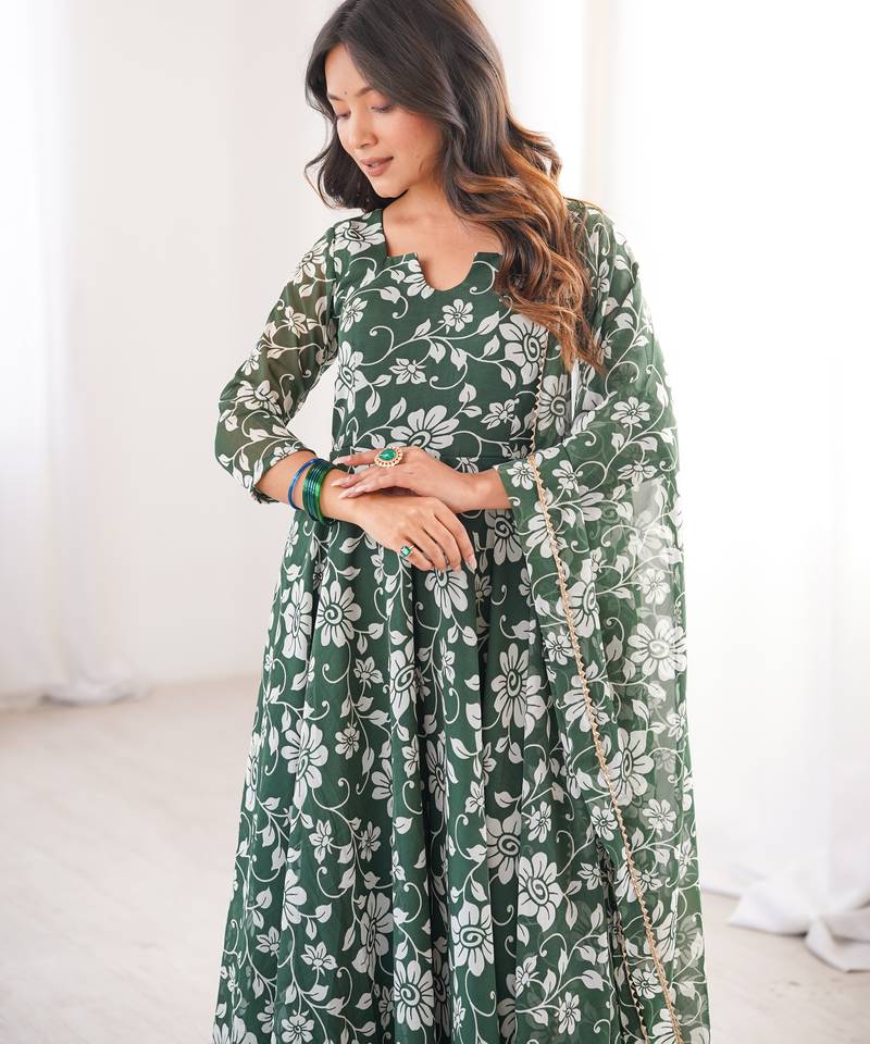 Green printed georgette anarkali kurti