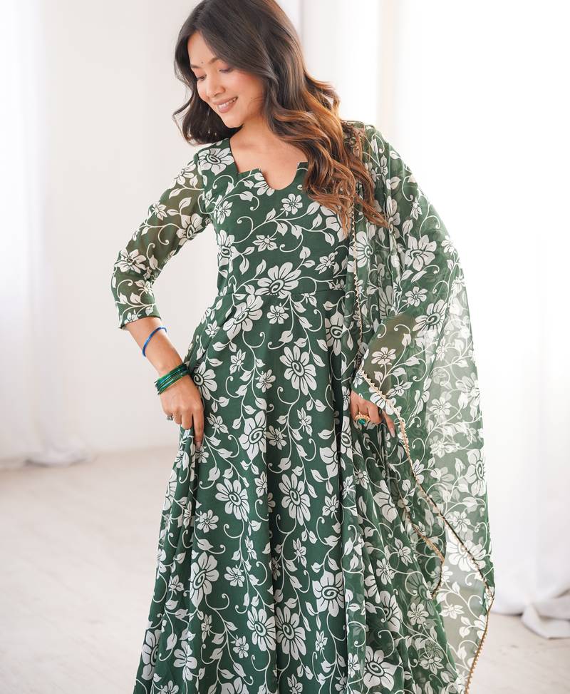Green printed georgette anarkali kurti