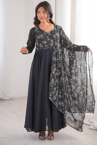Black printed georgette anarkali kurti