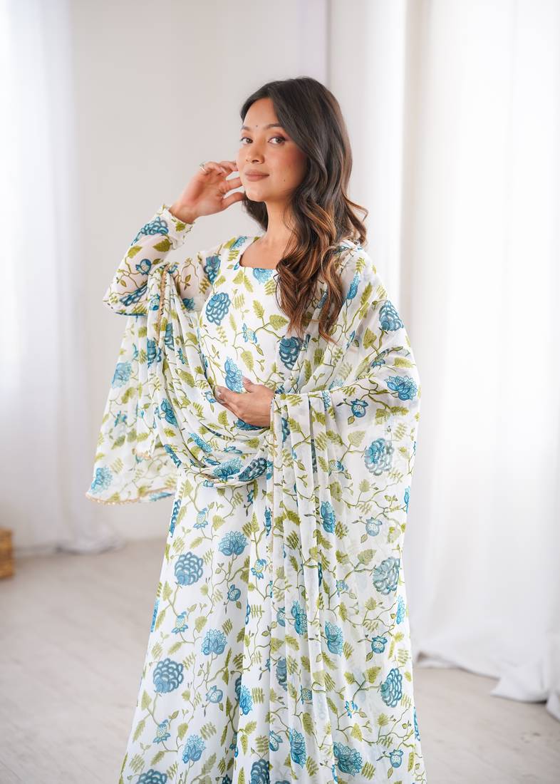White printed georgette anarkali kurti