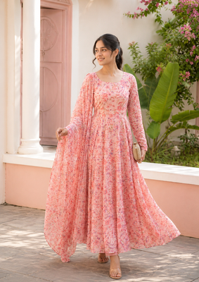 Light pink printed georgette anarkali kurti 1