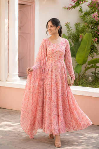 Light pink printed georgette anarkali kurti