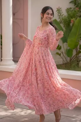 Light pink printed georgette anarkali kurti