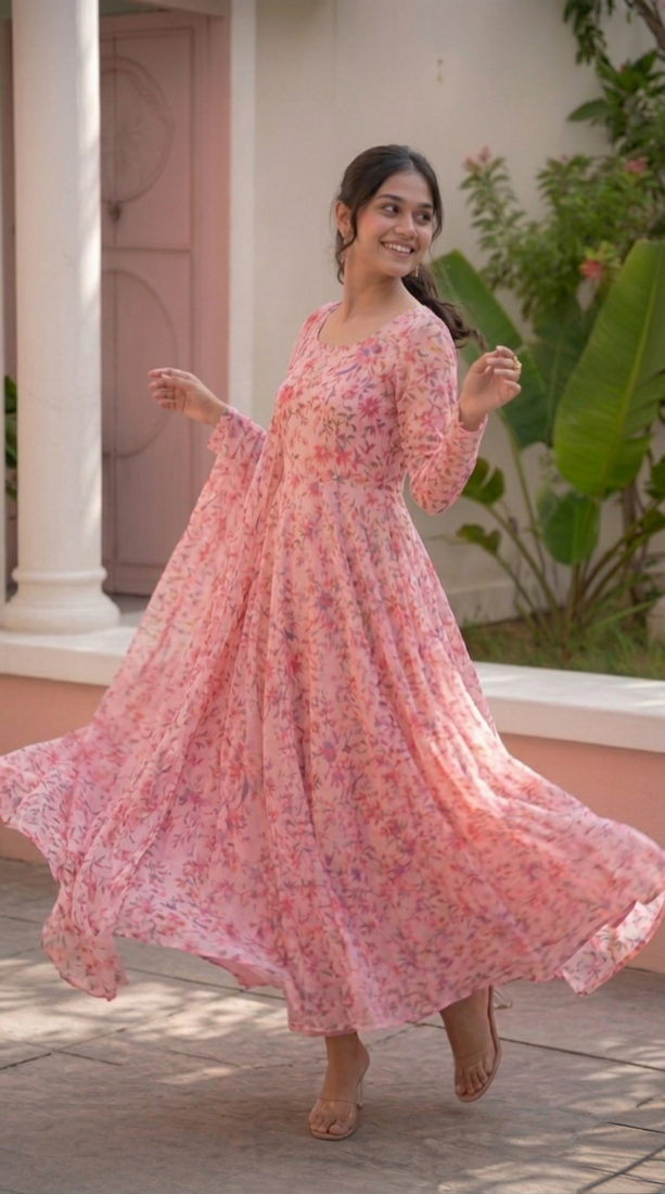 Light pink printed georgette anarkali kurti