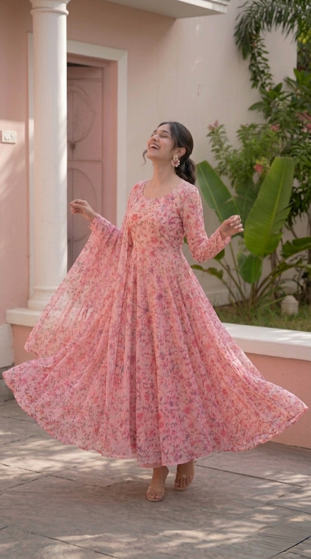 Light pink printed georgette anarkali kurti