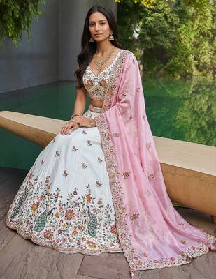 Women's Cream-Pink Organza Zarkan, Multi-Color Thread, Golden Sequin Embroidered Lehenga Choli with Dupatta 1