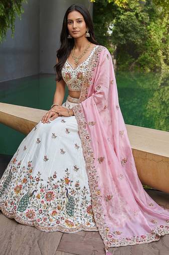 Women's Cream-Pink Organza Zarkan, Multi-Color Thread, Golden Sequin Embroidered Lehenga Choli with Dupatta