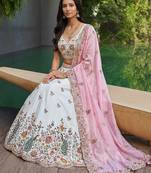 Women's Cream-Pink Organza Zarkan, Multi-Color Thread, Golden Sequin Embroidered Lehenga Choli with Dupatta