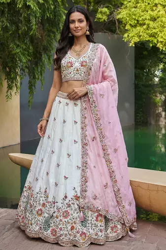 Women's Cream-Pink Organza Zarkan, Multi-Color Thread, Golden Sequin Embroidered Lehenga Choli with Dupatta