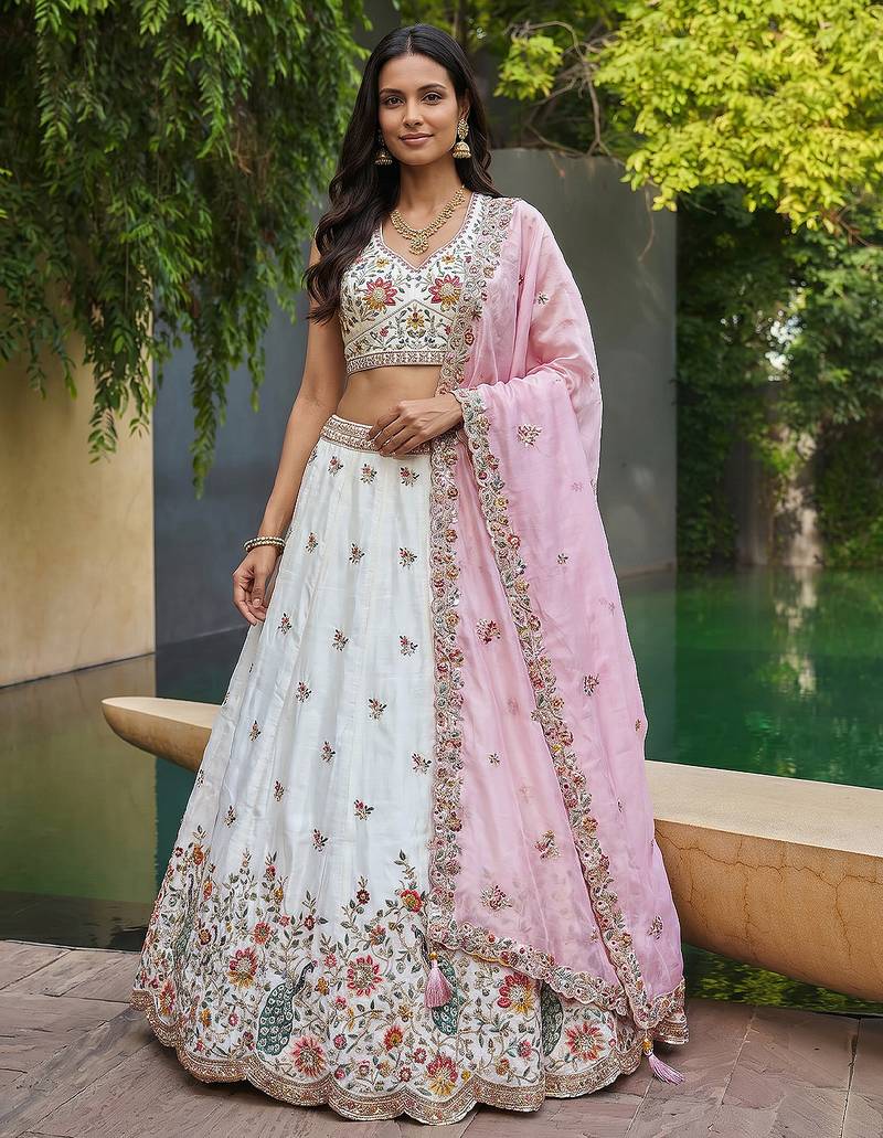 Women's Cream-Pink Organza Zarkan, Multi-Color Thread, Golden Sequin Embroidered Lehenga Choli with Dupatta
