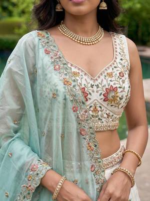 Women's Cream-Blue Organza Zarkan, Multi-Color Thread, Golden Sequin Embroidered Lehenga Choli with Dupatta 2