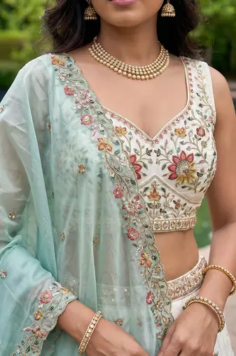 Women's Cream-Blue Organza Zarkan, Multi-Color Thread, Golden Sequin Embroidered Lehenga Choli with Dupatta