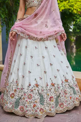 Women's Cream-Pink Organza Zarkan, Multi-Color Thread, Golden Sequin Embroidered Lehenga Choli with Dupatta