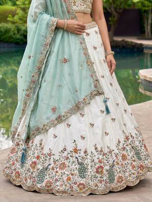 Women's Cream-Blue Organza Zarkan, Multi-Color Thread, Golden Sequin Embroidered Lehenga Choli with Dupatta 4