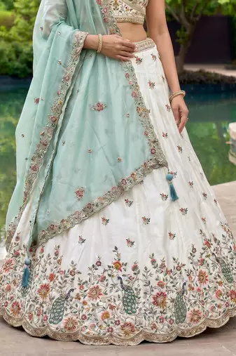 Women's Cream-Blue Organza Zarkan, Multi-Color Thread, Golden Sequin Embroidered Lehenga Choli with Dupatta
