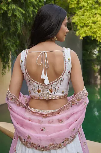 Women's Cream-Pink Organza Zarkan, Multi-Color Thread, Golden Sequin Embroidered Lehenga Choli with Dupatta