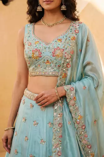 Women's Aqua Blue Organza Zarkan, Multi-Color Thread, Golden Sequin Embroidered Lehenga Choli with Dupatta