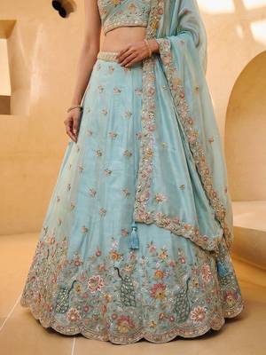Women's Aqua Blue Organza Zarkan, Multi-Color Thread, Golden Sequin Embroidered Lehenga Choli with Dupatta 5