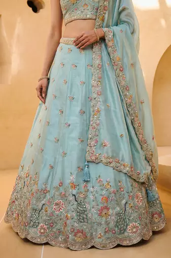 Women's Aqua Blue Organza Zarkan, Multi-Color Thread, Golden Sequin Embroidered Lehenga Choli with Dupatta