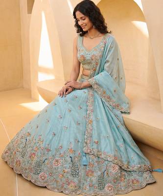Women's Aqua Blue Organza Zarkan, Multi-Color Thread, Golden Sequin Embroidered Lehenga Choli with Dupatta 1