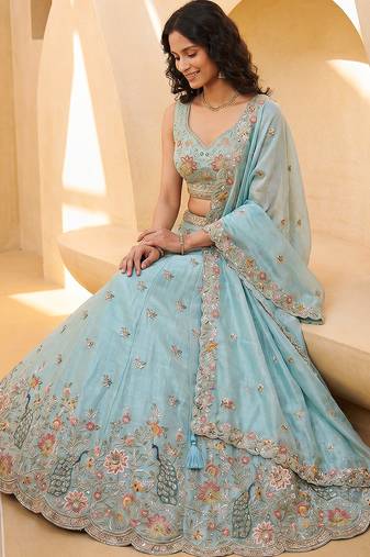Women's Aqua Blue Organza Zarkan, Multi-Color Thread, Golden Sequin Embroidered Lehenga Choli with Dupatta