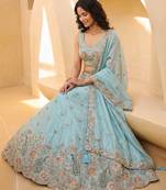 Women's Aqua Blue Organza Zarkan, Multi-Color Thread, Golden Sequin Embroidered Lehenga Choli with Dupatta
