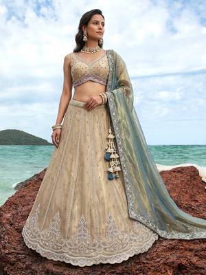 Women's Cream Tissue Beads with zari Embroidered Lehenga Choli with Dupatta 1