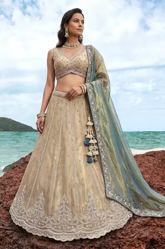Women's Cream Tissue Beads with zari Embroidered Lehenga Choli with Dupatta