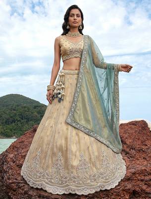 Women's Cream Tissue Beads with zari Embroidered Lehenga Choli with Dupatta 2