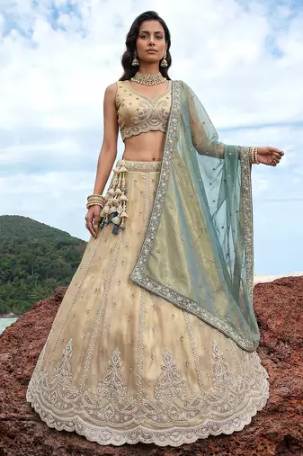 Women's Cream Tissue Beads with zari Embroidered Lehenga Choli with Dupatta