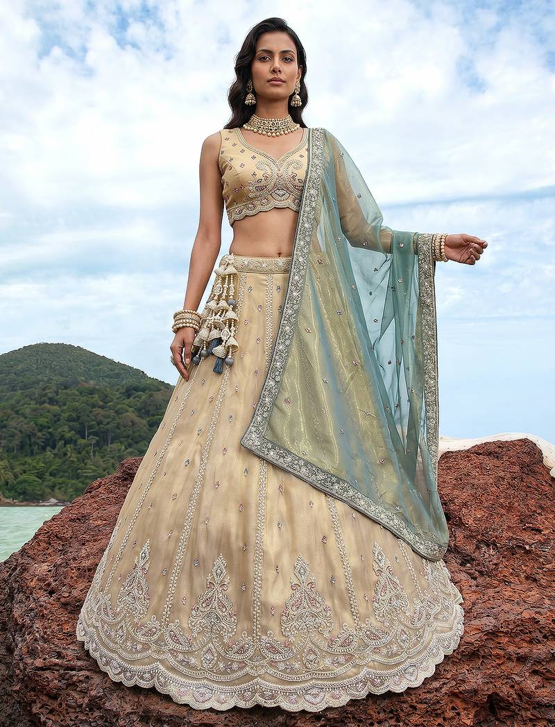 Women's Cream Tissue Beads with zari Embroidered Lehenga Choli with Dupatta