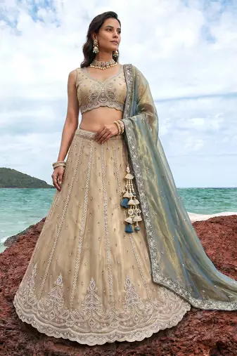 Women's Cream Tissue Beads with zari Embroidered Lehenga Choli with Dupatta