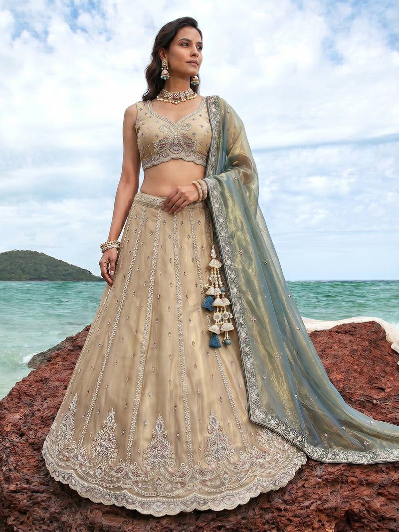 Women's Cream Tissue Beads with zari Embroidered Lehenga Choli with Dupatta