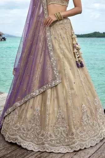 Women's Cream Tissue Beads with zari Embroidered Lehenga Choli with Dupatta