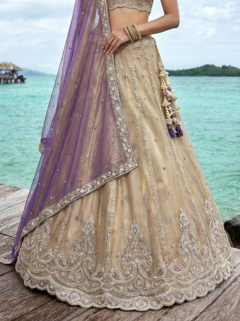 Women's Cream Tissue Beads with zari Embroidered Lehenga Choli with Dupatta