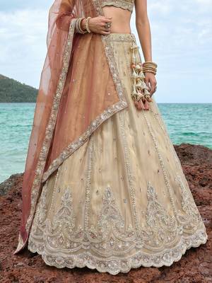 Women's Cream Tissue Beads with zari Embroidered Lehenga Choli with Dupatta 4