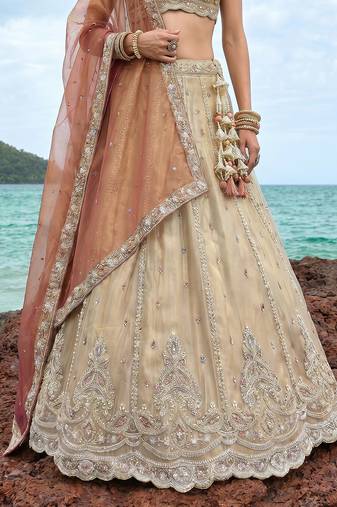 Women's Cream Tissue Beads with zari Embroidered Lehenga Choli with Dupatta