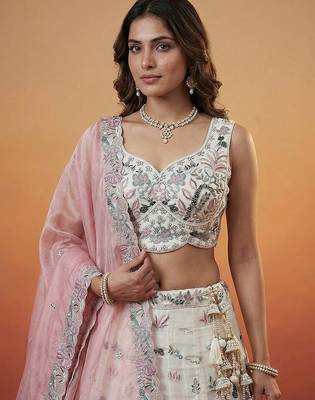 Women's White and Pink Organza Swarovski stones Embroidered Lehenga Choli with Dupatta 2