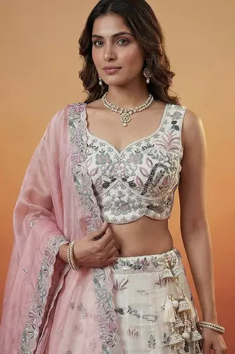 Women's White and Pink Organza Swarovski stones Embroidered Lehenga Choli with Dupatta