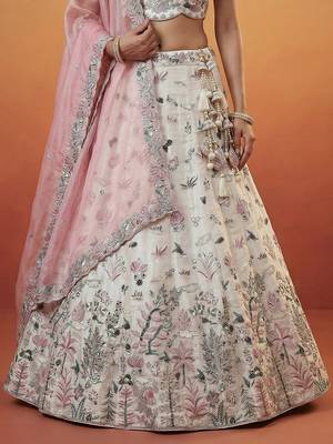 Women's White and Pink Organza Swarovski stones Embroidered Lehenga Choli with Dupatta 4