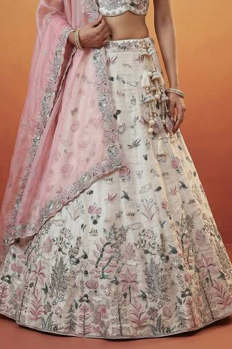 Women's White and Pink Organza Swarovski stones Embroidered Lehenga Choli with Dupatta