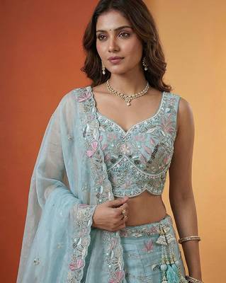 Women's Sky Organza Swarovski stones Embroidered Lehenga Choli with Dupatta 2