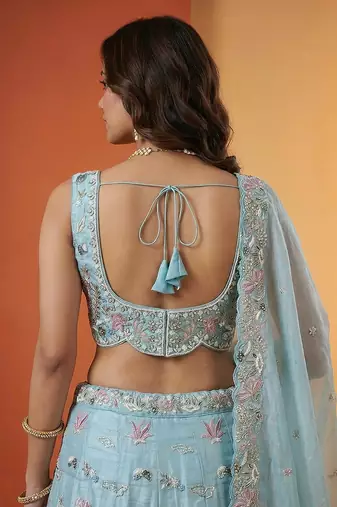 Women's Sky Organza Swarovski stones Embroidered Lehenga Choli with Dupatta