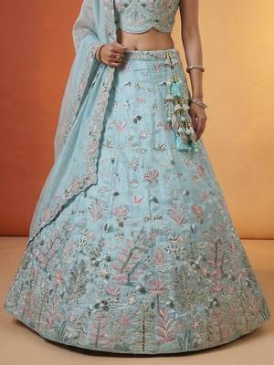 Women's Sky Organza Swarovski stones Embroidered Lehenga Choli with Dupatta 4