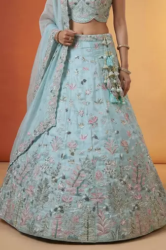 Women's Sky Organza Swarovski stones Embroidered Lehenga Choli with Dupatta
