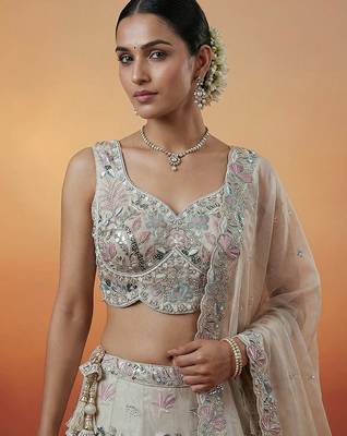 Women's Silver Organza Swarovski stones Embroidered Lehenga Choli with Dupatta 2