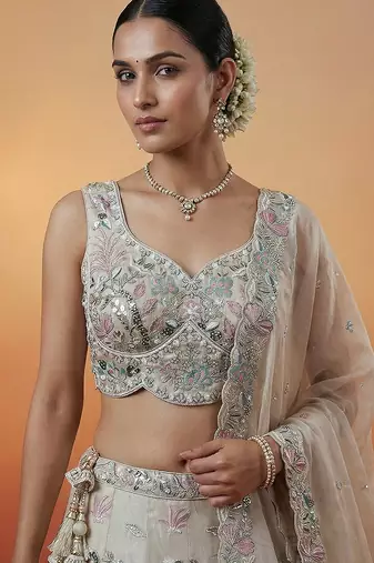 Women's Silver Organza Swarovski stones Embroidered Lehenga Choli with Dupatta