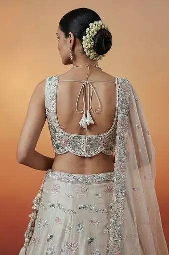 Women's Silver Organza Swarovski stones Embroidered Lehenga Choli with Dupatta