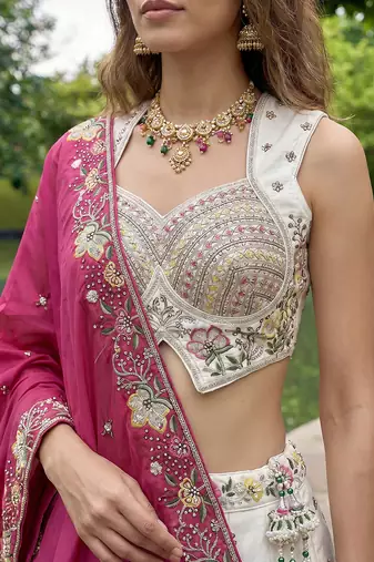 Women's White & Pink Chiffon Beads with Embroidered Lehenga Choli with Dupatta