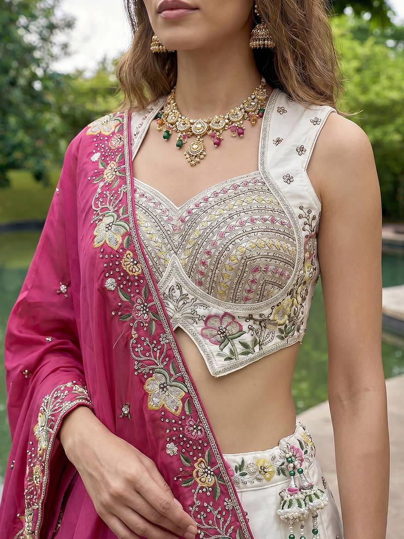 Women's White & Pink Chiffon Beads with Embroidered Lehenga Choli with Dupatta